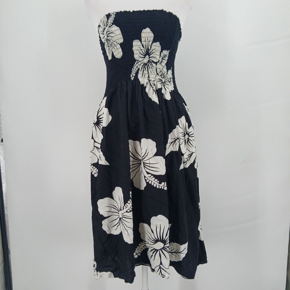Women's black & White Floral Print Strapless Smocked Midi Dress size medium